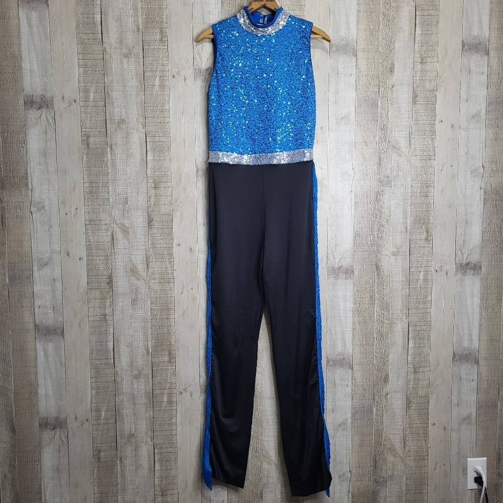 Weissman Dance Jazz Costume. One Piece. Large Adult. Sequins. Blue, Silver Black